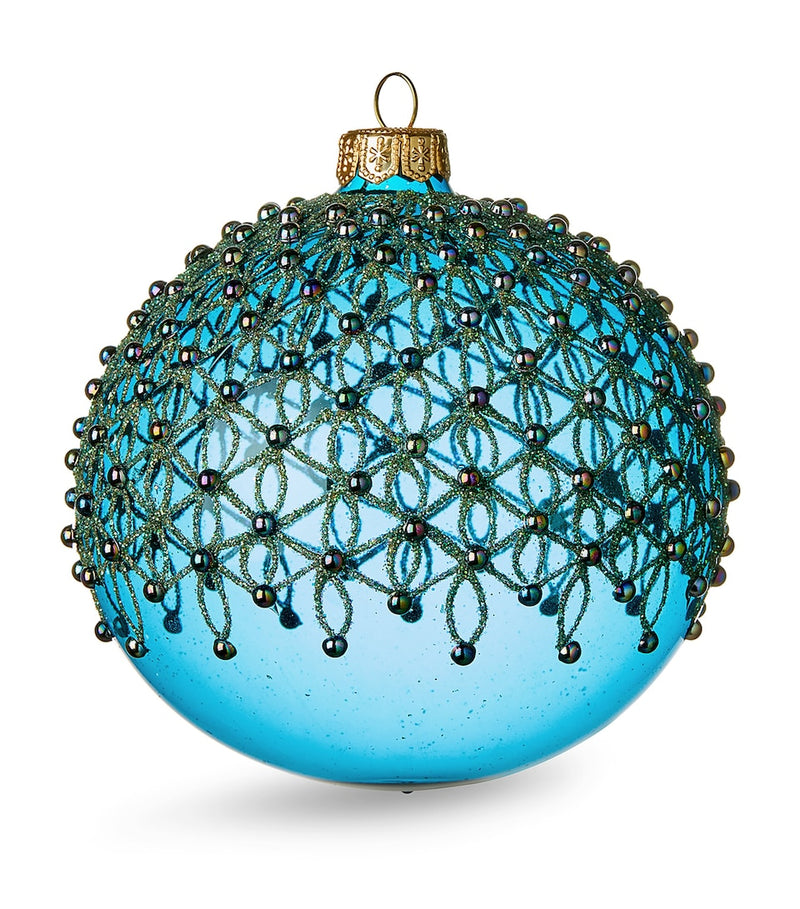 Glass-Blown Hand-Painted Christmas Bauble with Lace Trims