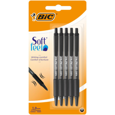 Bic Soft Feel Black Ball Point Pen Pack of 5 Comfortable Grip