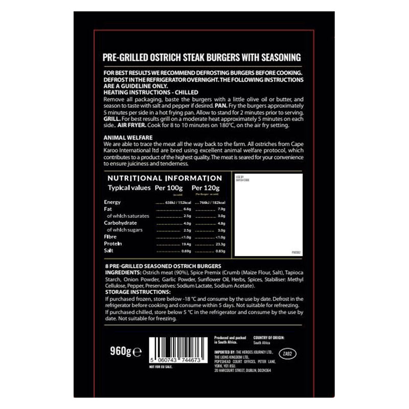 The Lions Kingdom ostrich burgers 4 x 8 x 120g (British brand)