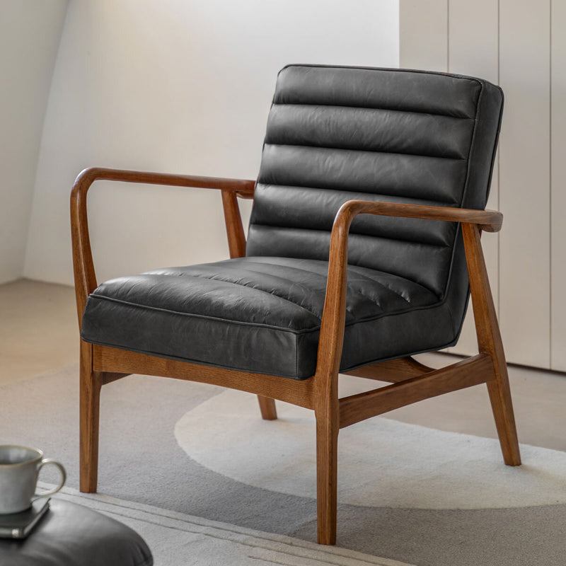 Gallery Datsun antique ebony leather armchair in grey, UK version