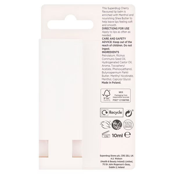 Superdrug Softening Cherry Lip Balm 10ml (British brand)