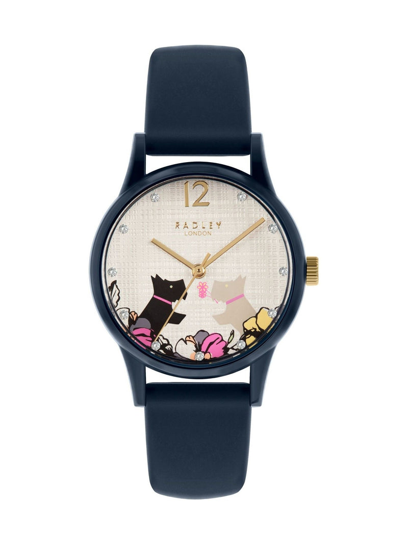 Radley Navy silicone strap floral dog dial watch, imported from the UK