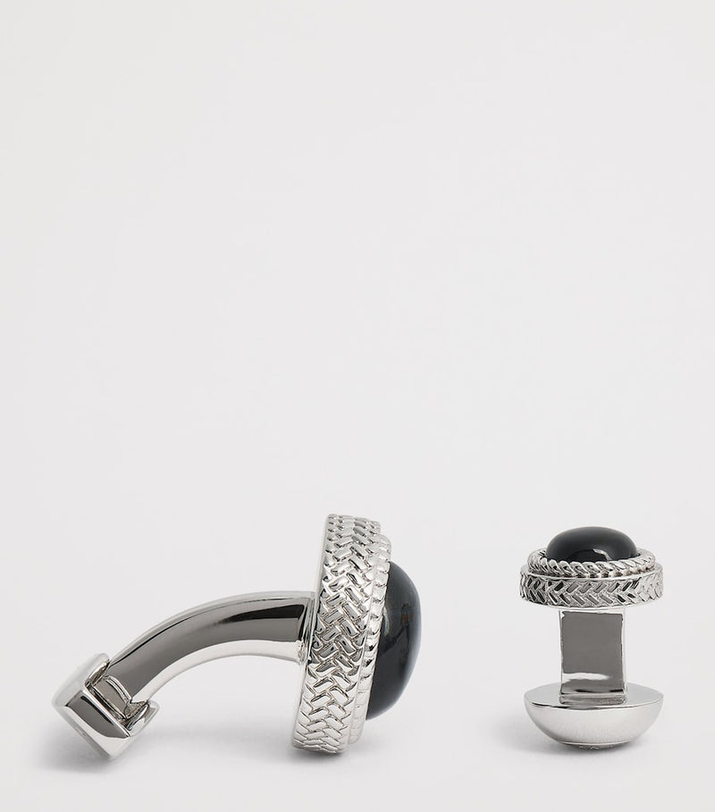 Tateossian sterling silver and onyx herringbone cufflinks and studs set (British brand)