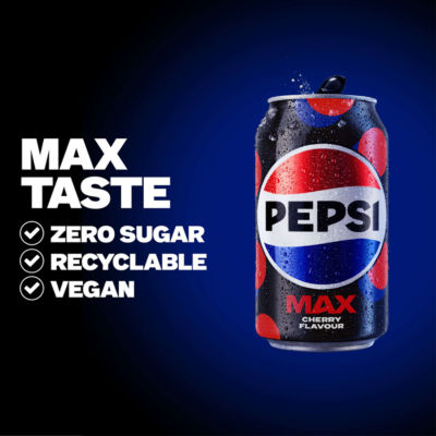 Pepsi Max cherry sugar-free cola 8x330ml cans, imported from the UK