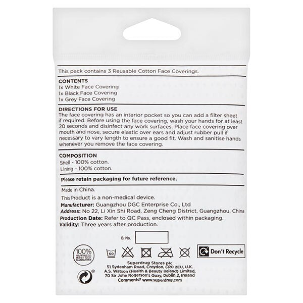 Superdrug 3 Reusable Cotton Face Coverings Black/White/Grey GOODS Superdrug