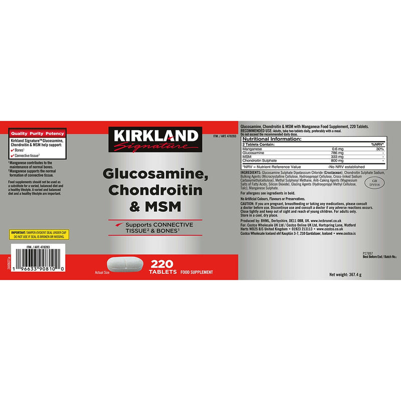 Kirkland Signature glucosamine chondroitin MSM supplement 220 count, UK version