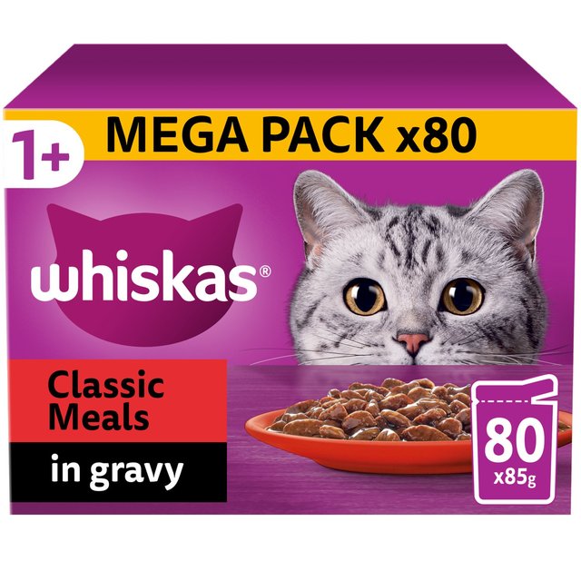 Whiskas 1+ Adult Wet Cat Food Pouches Meaty Meals in Gravy 80 x 85g GOODS M&S