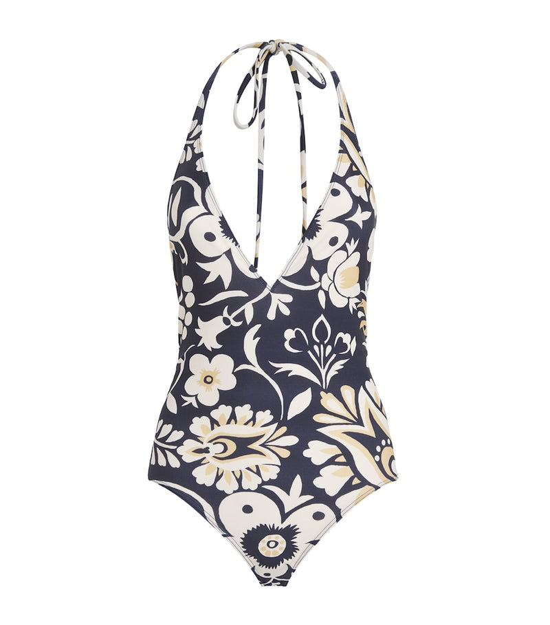 Plunge Neck Swimsuit with All-Over Print in Nylon and Elastane
