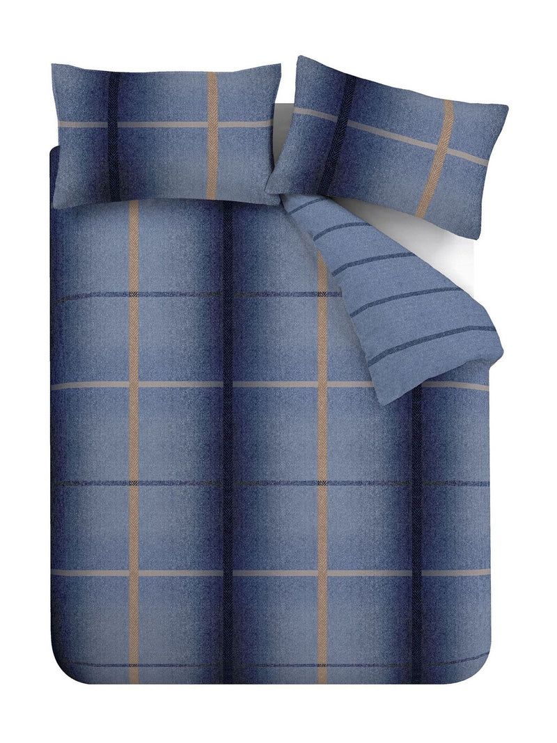 Catherine Lansfield Blue Supersoft 100% Brushed Cotton Melrose Tweed Check Duvet Cover Set