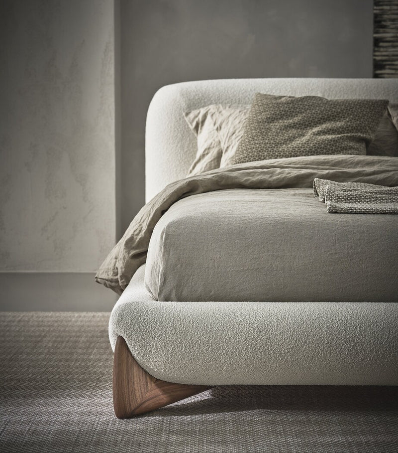 Minimalist Upholstered Bed with Adjustable Headboard and Walnut Wood Feet 240cm Wide