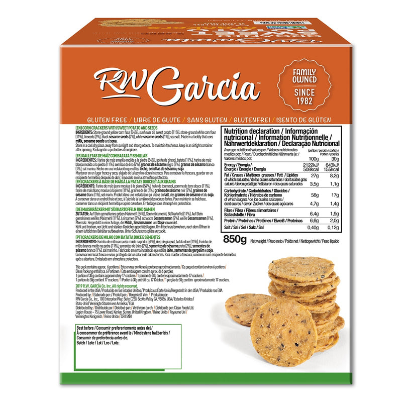 RW Garcia 3 Seed Sweet Potato Crackers 850g, imported from the UK