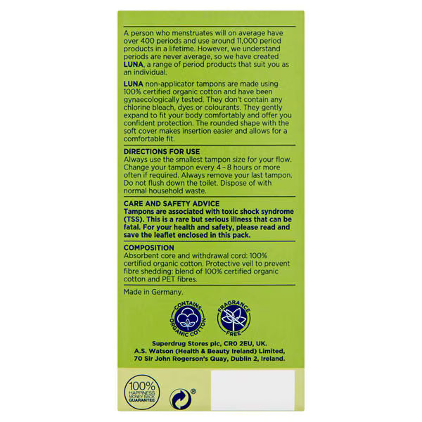 Superdrug Luna Super Non-Applicator Tampons 16 Pack (British brand)