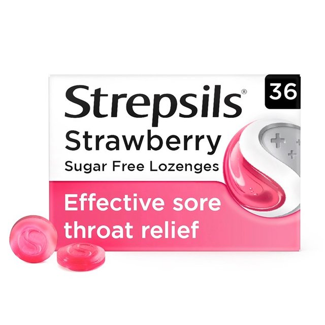 Strepsils Strawberry Sugar Free Sore Throat Lozenges 36 per pack GOODS M&S