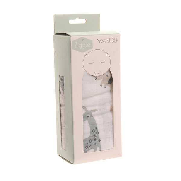 Ziggle Cotton Muslin Swaddle Wrap Grey Giraffe Elephants 120x120cm (British brand)