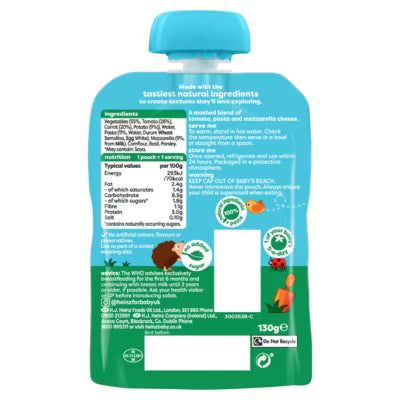 Heinz tomato mozzarella pasta baby food pouch for 7+ months 130g, UK version