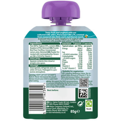 Heinz pear, raspberry & yogurt baby food pouch 85g, UK version