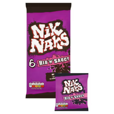 Nik Naks Rib 'N' Saucy crisps 6 pack, imported from the UK