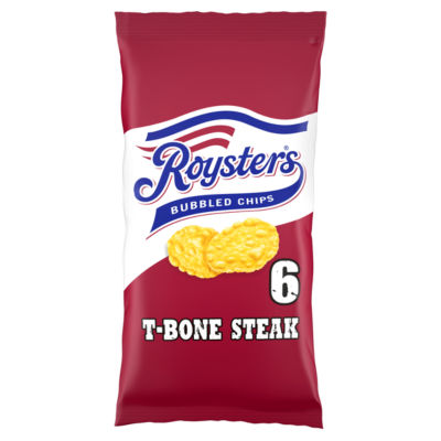 Roysters T-Bone Steak flavour crisps 6-pack multipack, imported from the UK