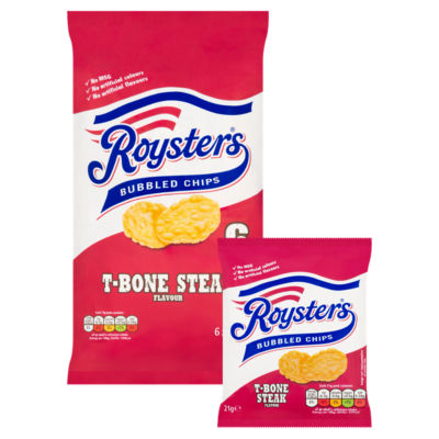 Roysters T-Bone Steak flavour crisps 6-pack multipack, imported from the UK