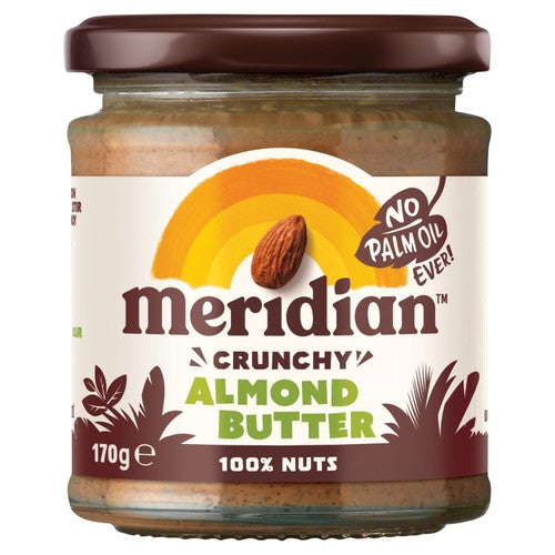 Jar of Meridian crunchy almond butter made from 100% nuts, imported from the UK