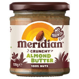 Jar of Meridian crunchy almond butter made from 100% nuts, imported from the UK