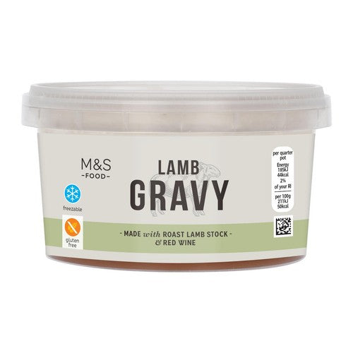 M&S lamb gravy with red wine in a pot, gluten-free - British product