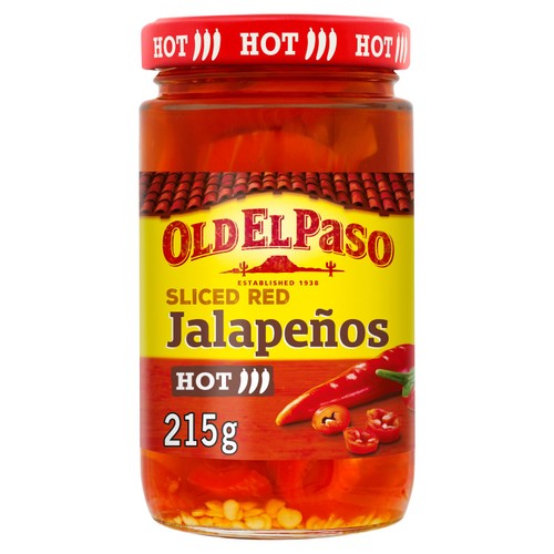 Old El Paso sliced red jalapeno peppers in a jar, imported from the UK