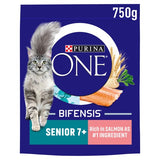 Purina One senior salmon dry cat food for cats aged 7+ years, imported from the UK