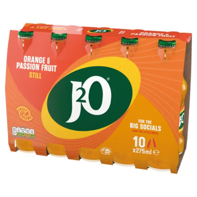 J2O Orange & Passion Fruit soft drink 10 x 275ml bottles, UK version