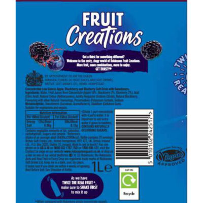 Robinsons Fruit Creations Blackberry & Blueberry Squash 1L, imported from the UK