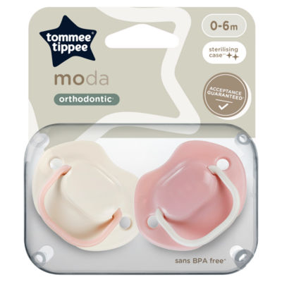 Tommee Tippee Moda Soothers Symmetrical 0-6m 2-Pack with Steriliser Pod (British brand)