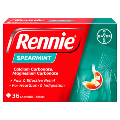 Rennie Spearmint antacid chewable tablets 36 tablets, imported from the UK