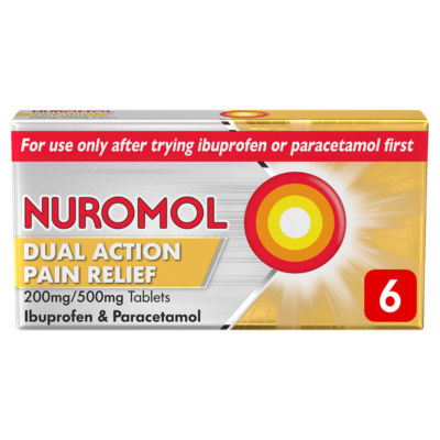 Nuromol dual action pain relief tablets 200mg/500mg 6 tablets, imported from the UK