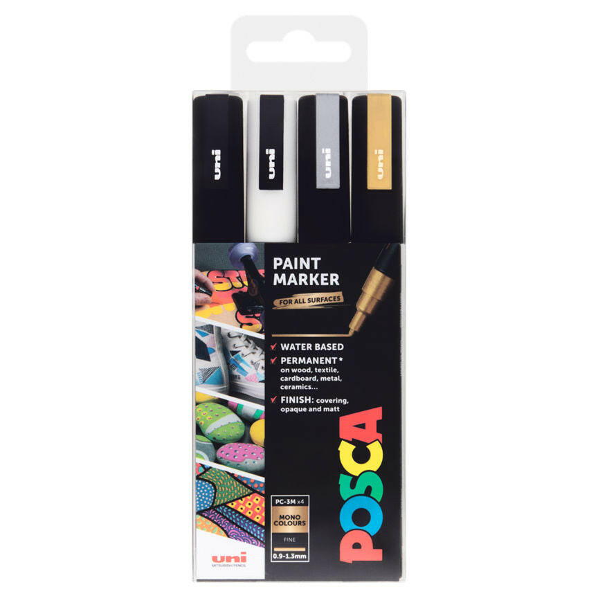 Uni Posca 4 Paint Marker Mono Colours PC-3M Fine 09.-1.3mm GOODS ASDA