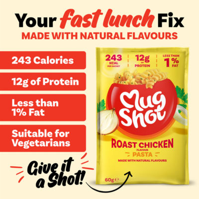 Mug Shot roast chicken flavour instant pasta sachet 55g, imported from the UK