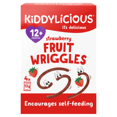 Kiddylicious Strawberry Fruit Wriggles 12+ Months Baby Snack 4 x 12g