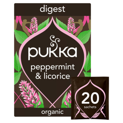 Pukka peppermint and licorice herbal tea bags 20 bags, imported from the UK