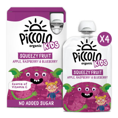 Piccolo Organic Kids Squeezy Fruit Apple, Raspberry & Blueberry 4 x 90g, imported from the UK