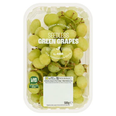 ASDA crisp and juicy seedless green grapes 500g pack - British product