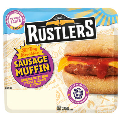 Rustlers Breakfast Sausage Muffin with Cheese 155g, imported from the UK