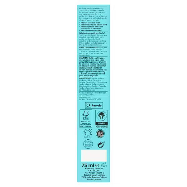 Superdrug Pro Care sensitive whitening toothpaste tube (British brand)