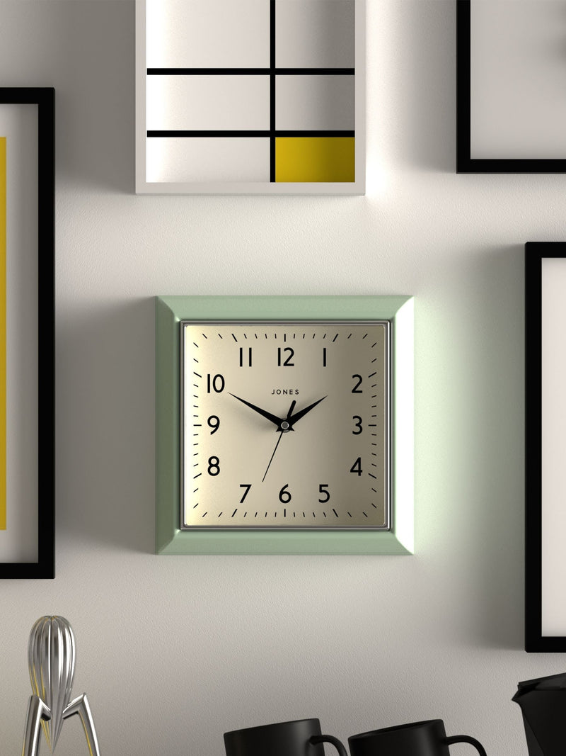 Jones Clocks green retro square wall clock, UK version