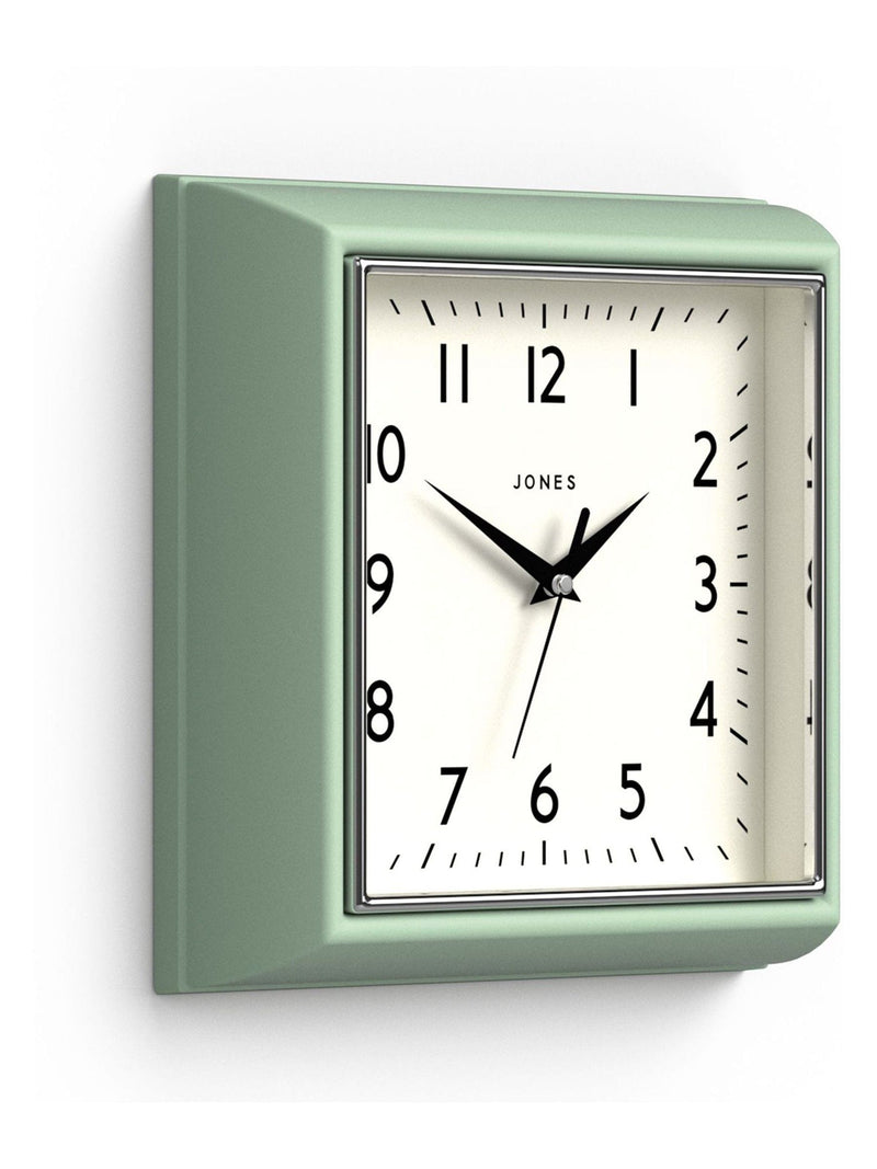 Jones Clocks green retro square wall clock, UK version