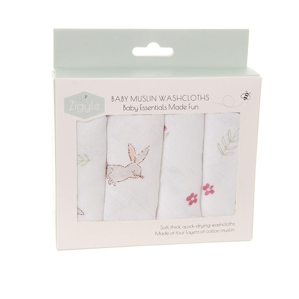 Ziggle Baby cotton muslin washcloths Bunnies 4 pack (British brand)