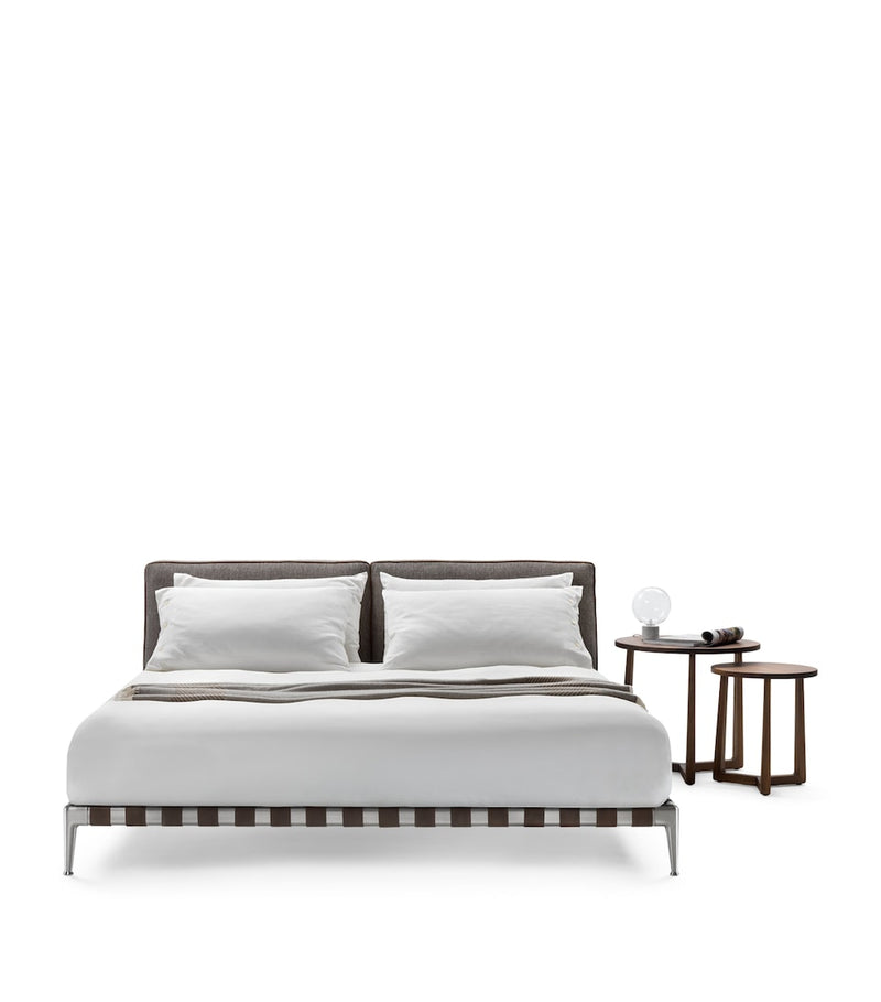 Solid Wood Bed Frame with Brass Inserts and Upholstered Headboard, Approx. 130x214x300cm