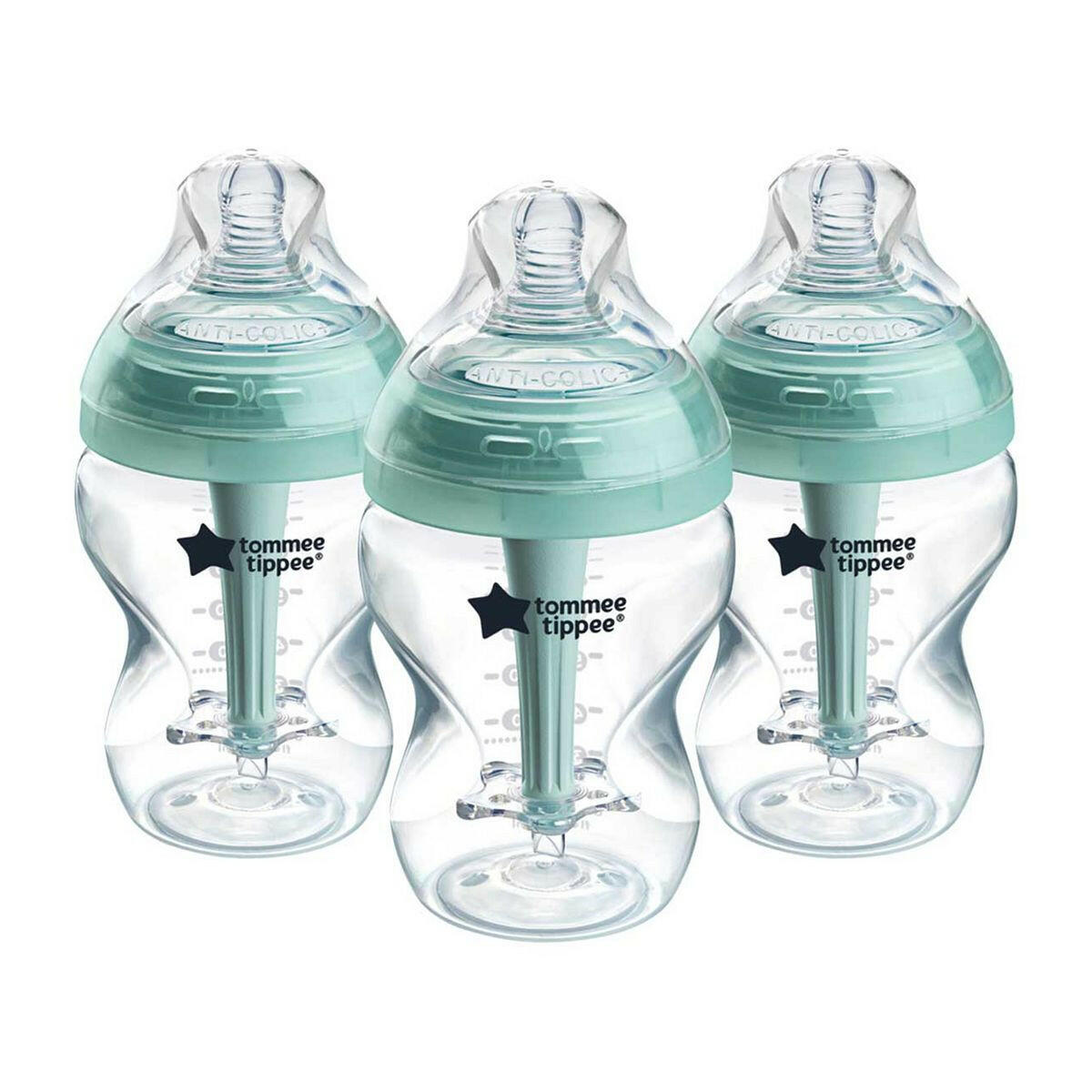 Tommee Tippee Advanced Anti-Colic Baby Bottle, Slow Flow Breast-Like Teat, Vented Anti-Colic Wand, Self-Sterilising, Pack of 3 Baby Accessories & Cleaning Boots