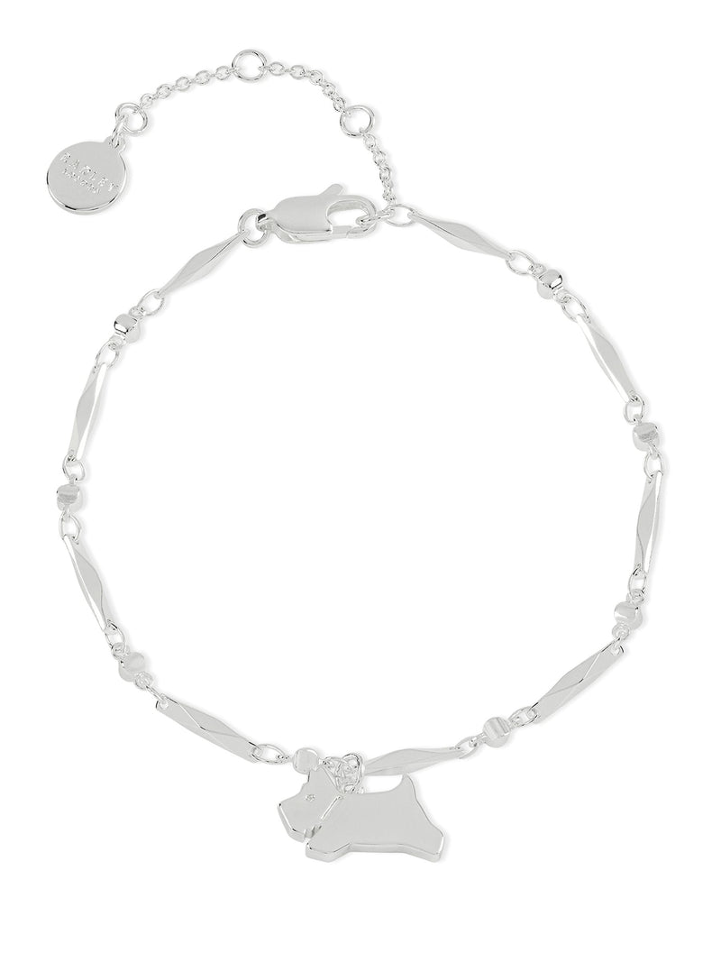 Radley ladies silver tone jumping dog charm bracelet, imported from the UK