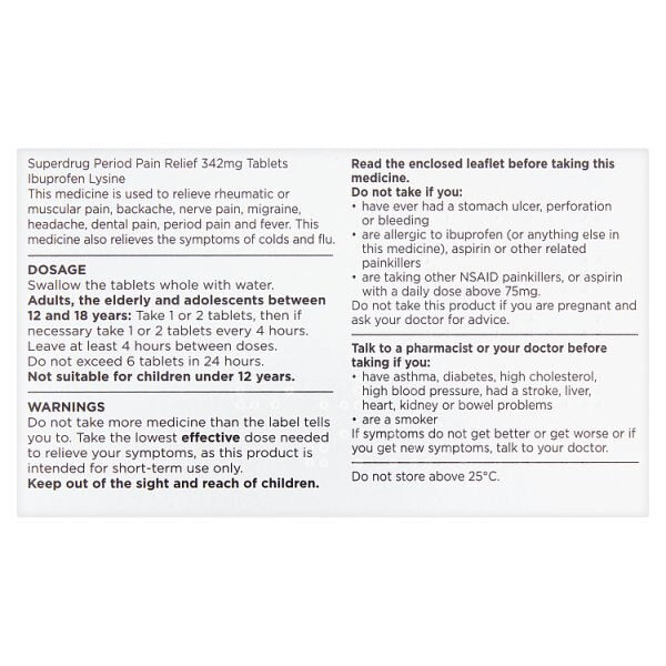 Superdrug Ibuprofen Lysine 342mg Period Pain Tablets X12 GOODS Superdrug