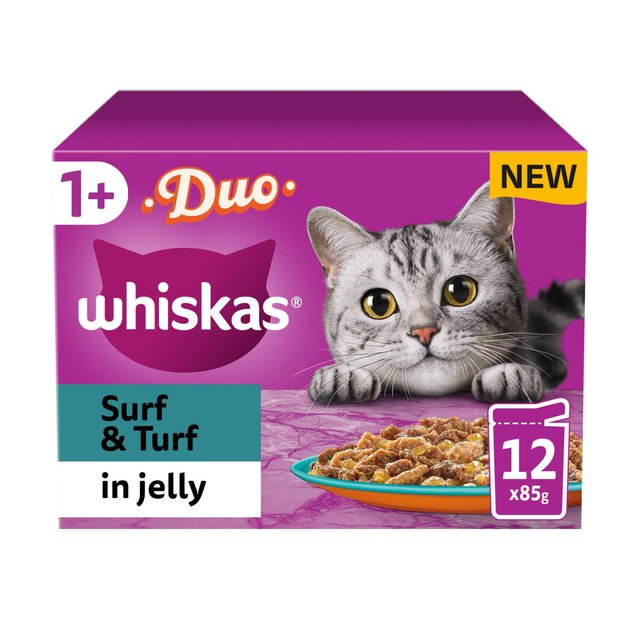 Whiskas 1+ Adult Wet Cat Food Pouches Surf & Turf Duo in Jelly 12 x 85g GOODS M&S