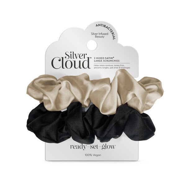 Silver Cloud satin scrunchies black and pink (British brand)